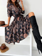 Printed Tie Waist Midi Dress Black OutfitFlow